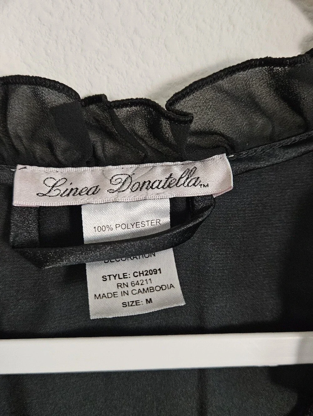 Linea Donatella Black Satin Short Wrap Chemise Ruffle Sleeve Floral Embroidered